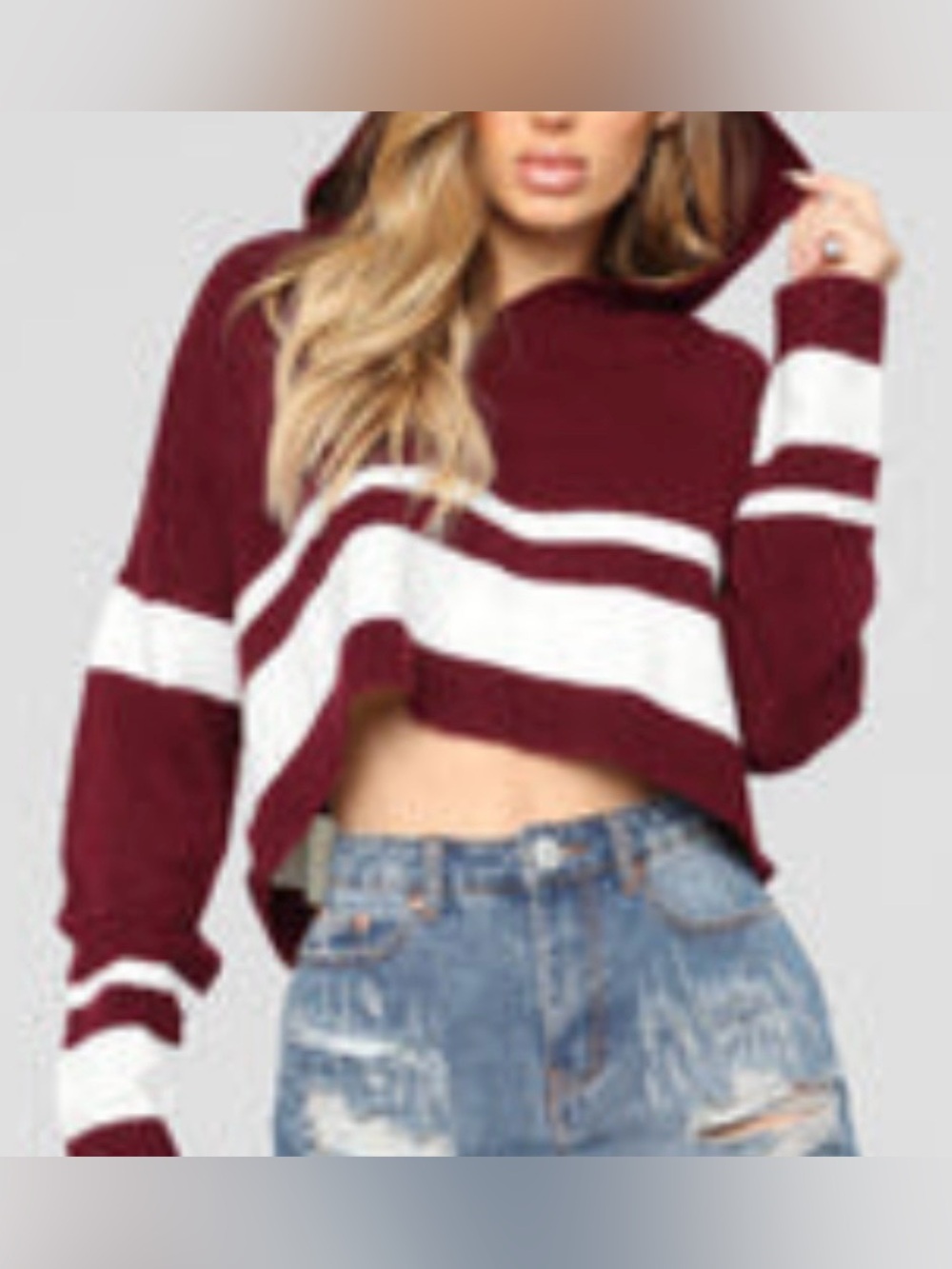 Fashion Nova Cropped Hooded Sweater Burgundy and White Stripes - M